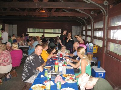 Picnic Crowd
L to R:  (foreground) Jim Parmelee; Mary Taglieri; Miriam Smith; (background) Abigail Parmelee and friend, Andrew; Miriam Smith Parmelee; Steve Smith; (hidden) Arlene Glasier Smith; Rebecca Smith
