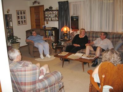 Dave Smith and Family Visit Singing at Home
More harmonizing.  L to R: Clive, Evelyn, Sheri, Dave, and Jan at the Highams
