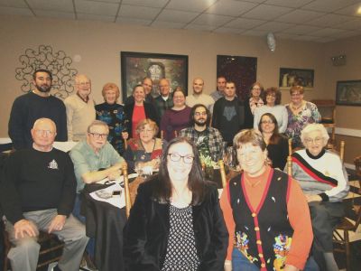 2017 Fall Gathering 11/18/17 at Nicole's
Front Row: Laurie Fitzgerald Blowers; Miriam Smith Parmelee; Jane Curtiss Watkin
2nd Row Seated:  Jack Higham; Richard Taglieri; Mary Smith Tahlieri; David Greene; Abigail Parmelee;
Standing: Josh Rowski; Bob Abrams; Jan Rung Abrams; Ginger Lougheed Smith; Garret Smith; Steve Smith; Florie Parmelee; Michael Smith; Jim Parmelee; Nate Parmelee; Bonnie Pierson Smith; Pat Rees Smith; Chris Curtiss-Rivers
