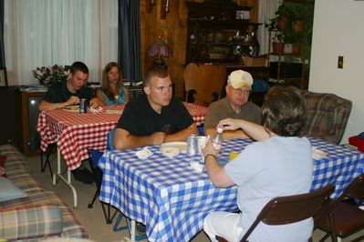 Friday/Saturday Breakfast and Picnic
Picnic: Moved indoors due to rain.  L to R: (Background) Jake and Cathy Foster Higham; (Foreground) Andy Foley; Jack Higham; Sue Higham Foley
