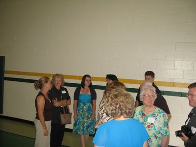 Sunday Party at OLS School
Guests: Fanning Family greeted by Highams: L to R: Ann Higham Hughes; Cindy Fanning Knowlton; Amy Knowlton; Pam Fanning Chappell; Greg Chappell; (Foreground back to camera) Debbie Fanning Carlone; Jane Higham (hidden); Eileen Mack Fanning; Joe Higham
