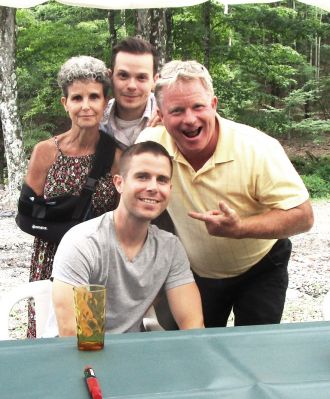 60th Anniversary Party Jack & Jan August 10, 2019
The Jim Higham Family
Margaret (Peggy) Bills Higham; James Michael Higham; 
seated, Daniel James Higham; 
standing, David Lawrence Higham
[N.B.  See Phoenix Family for Katie et al]
