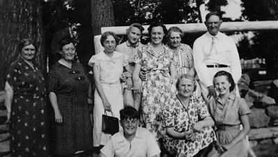 Higham Family
Charles Higham Family and Rome, NY Relatives, August, 1938
Kneeling: Bill Brown, Gertrude Norton Higham; Ruth Norton Higham;
Standing, L to R: Jane Higham Brown; Elizabeth Alice (Betty) Higham; June Norton?; Betty Jean Higham; Marion Louise Higham; Louise Roseberry Higham; Charles Higham

