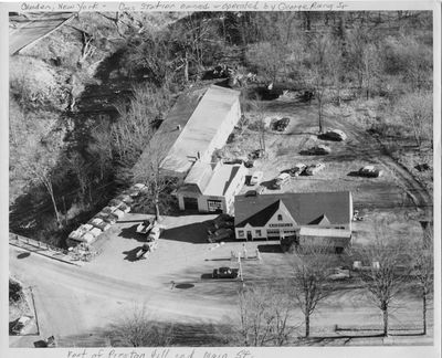 Higham / Rung
The Richfield Gas Station, Camden, NY
Run by Wilfred and George until 1949, then operated by George Rung.
Photo mid 50s
You can see the seam in the roof between the original station with two bays and the addition that added a 3rd bay.
The Henry Teelin Ford Dealership is to the left along the Fish River creekside on the site of a former knitting mill.
