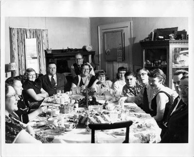 Higham / Smith Family
Family Gathering at the Ralph and Jane Smith Home, mid 50s
L to R: Nellie Higham Smith; Mildred Walker Higham; Roberta Smith; Wilfred Higham; Ralph Smith; Jane Higham Smith; Mary Arma Smith; Ruthanne Smith; David Smith; Steven Smith; Betty Higham; Merritt Smith; Alice Higham Bray.
Missing: Bill Smith; Jack Higham
Photo probably taken with camera timer by Wilfred
