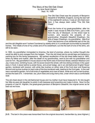 Higham Family
The Old Oak Chest article in the photo was written by Jane Sara Higham in 1926.
