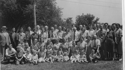Walker Reunion 1940
Walker Family Reunion
Edgewater Park, Sylvan Beach, probably in Summer of 1941

Seated on Ground, L to R: Art DelaRoche; Ernie DelaRoche; Edith Mildred DelaRoche; Edna DelaRoche; Carol Russell; Howard â€œSkipâ€ Grinnell; Eddie Caldwell; Bertha DelaRoche; Betty Higham; Peggy Walker; Jack Higham;

Kneeling: George DelaRoche; Elsie DelaRoche Grinnell, holding Barbara Grinnell; Howard Grinnell; Emma Newman Walker; Charlotte Walker Caldwell; Bertha Walker Russell; Leona Walker Barreda; Edith Walker DelaRoche; Elsie Walker Watkins; Mary DelaRoche; Mildred Walker Higham; Marjorie Walker Weber; Arthur Walker;

Standing: Elwin Walker; Glen Waterman; Edward Caldwell; Herman DelaRoche; Rita Hannay Walker; Ernest Walker; Ruth Walker Waterman;  Charles Walker; William Russell; Bill Russell; Elmer Walker; Muriel Katzenburg Walker; Alice Walker; Almina Walker; John Walker; Wallace Walker; Fred Watkins; Grace Walker Lavender; John Lavender; Wayne Watkins; Herman â€œHermieâ€ DelaRoche; Elmer William Walker; Elwin Hugh Walker;  William Weber; Edna Swetman Walker; Wilfred Higham; Anna Collins
