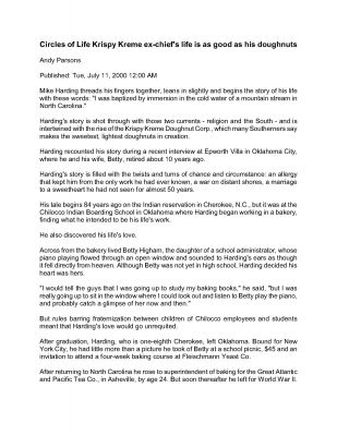 Krispy Kreme Connection, page 1
Mike Harding relates his life story in a newspaper interview, and his connection to Betty Higham, daughter of Charles William Higham.  This is page 1 of 3.
